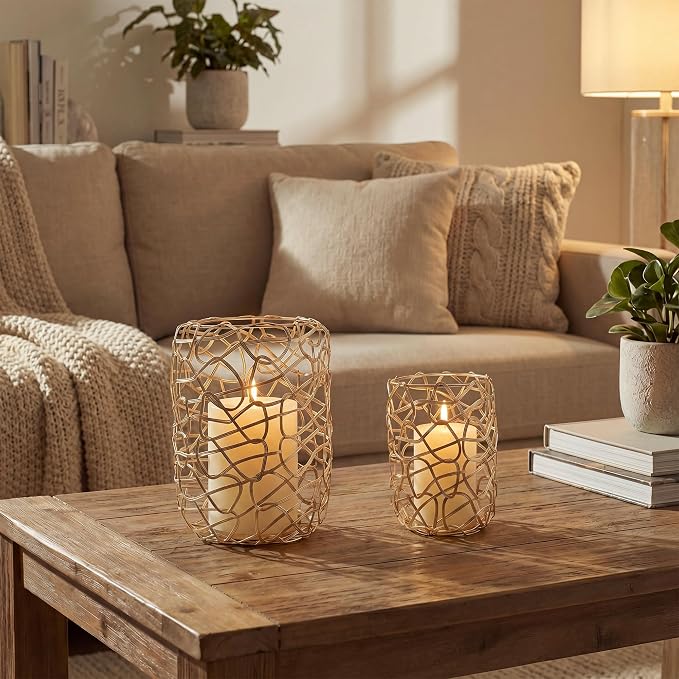 Nest Decorative Lanterns for 2'' & 3'' Pillar Candles, Gold Candle Holders Set of 2, Modern Metal Candleholder Stand for Fireplace Mantel Decor & Table Centerpieces for Christmas