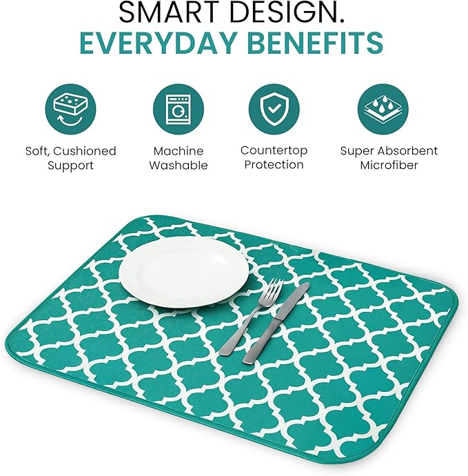 Dish Drying Mat for Kitchen Counter - 18 x 14 Inch Large Super Absorbent Microfiber Dish Drying Pad, Machine Washable Quick Dry Under Dish Rack Mat, Counter Protector for Dishes Pots Pans, Coffee Bar