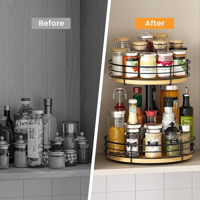 2 Tier Lazy Susan Spice Rack Organizer, Rotating Turntable, Black | Height Adjustable, Wood, 12 Inch, For Cabinet Dining Table Kitchen Bathroom Countertop