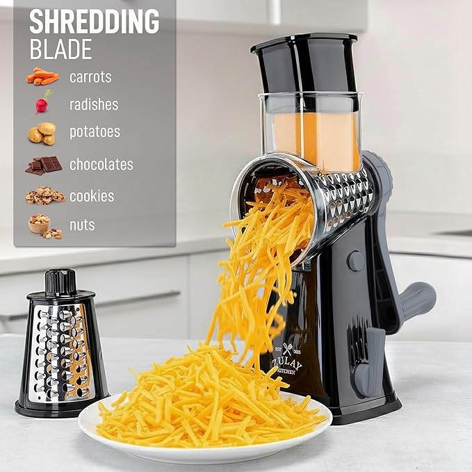 Zulay Kitchen Rotary Cheese Grater 5 Blade Cheese Shredder - Manual Hand Crank Cheese Grater With Reinforced Suction & 5 Interchangeable Drums - Easy to Use, Vegetable Chopper Round Mandoline Slicer