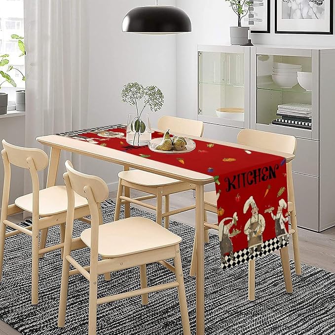 Chef Kitchen Table Runner, Red Simple Natural Vintage Plaid Country Quirky Chef Fruit Vegetable Pumpkin Corn Chilli Table Decor Table Top Dining Kitchen Wedding Party 13x90 in