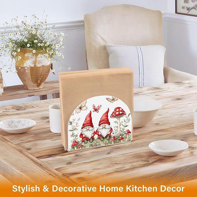 Fustylead Cute Red Gnomes with Mushroom Butterflies Napkin Holder for Table Acrylic Cocktail Napkin Holders Small Decorative Napkin Dispenser for Home Party Holiday Dining Kitchen Accessories