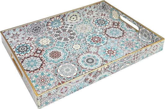 Spsyrine Decorative Serving Tray with Handles, Lacquered Coffee Table Tray for Ottoman, Rectangular Waterproof Platters for Centerpieces, Parties, Living Room, Kitchen Counter Organization SP3040RE2