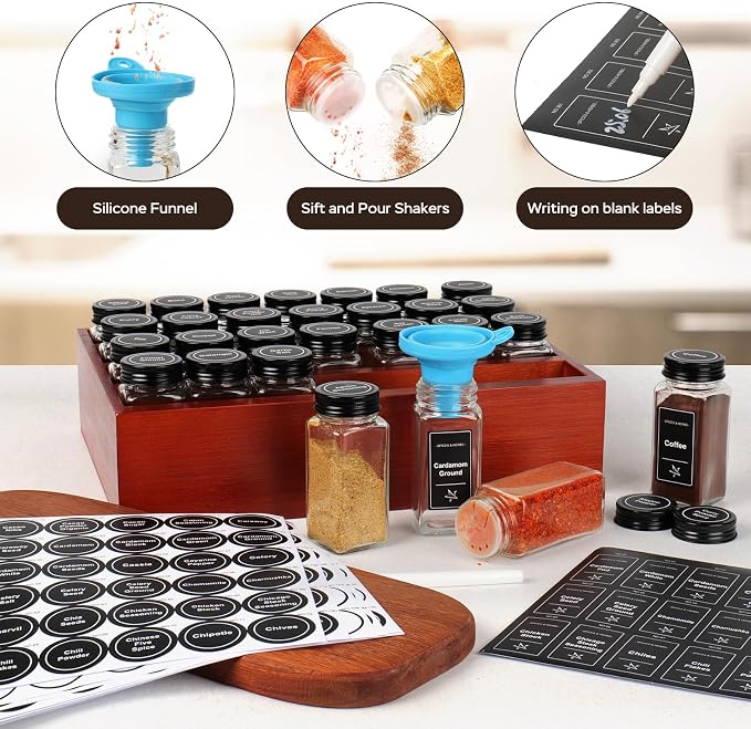 Bamboo Spice Rack Organizer with 28 Spice Jars, 780 Labels, 4 Tier Wood Hanging Shelf, Chalk Marker and Funnel Set for Drawer Cabinet Kitchen Countertop Wall Mount, Empty 4 oz Glass Jars-Cherry Stain