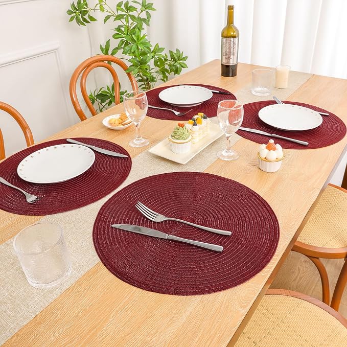 SHACOS Round Placemats Set of 12 for Dining Table 15 inch Round Braided Place Mats Cotton Polyester Washable Non Slip Kitchen Table Mats, Burgundy