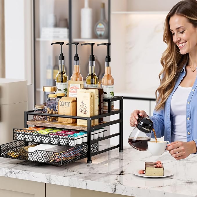 4 Tier Coffee Syrup Rack Organizer, Coffee Bar Organizer for Countertop, Coffee Station Organizer with 2 Sliding Drawers for Pods, K Cup Holder, Stirrer and Condiment, Brown