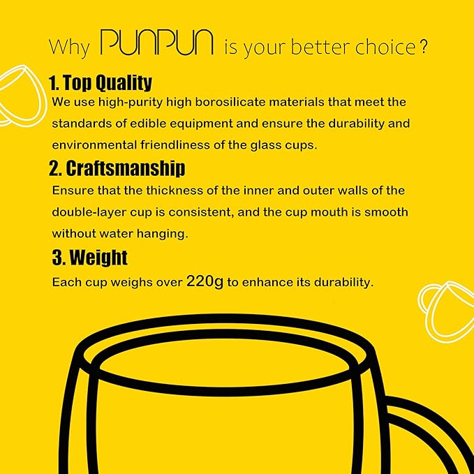 PunPun 12.9OZ. 380ml Clear Coffee Mugs, Glass Cups for Latte, Double Wall Glass with Big Handle, Clear Mugs for Iced Coffee or Hot Beverages, Espresso Cups Each Set of 4