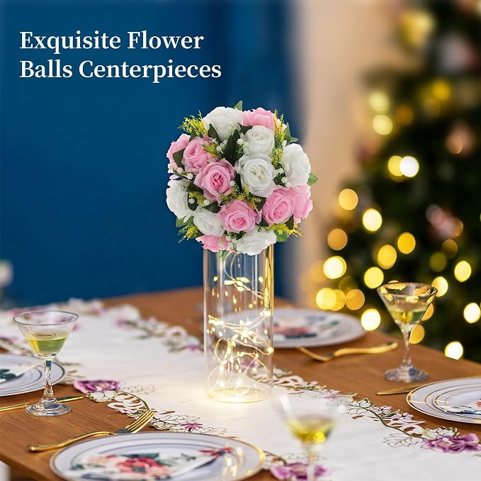 BLOSMON Flower Balls Centerpieces for Table: 6 Pcs Pink White Faux Roses | 9.5 Inch Fake Kissing Floral Ball Arrangements for Wedding - Artificial Flower Bouquet with Base Home Party DIY Decor