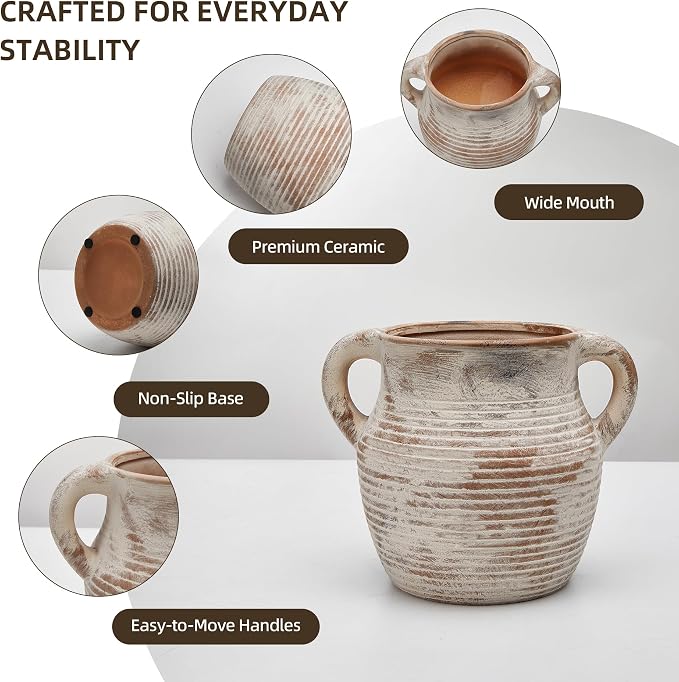 Rustic Utensil Holder for Kitchen Counter - Large Ceramic Farmhouse Cooking Utensil Crock & Organizer for Spatula, Spoon - Vintage Kitchen Decor (Taupe)