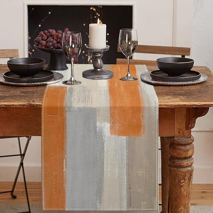 Emvency Farmhouse Table Runner, Modern Orange and White Abstract Art Painting for Kitchen Coffee Table Family Dinners Holiday Parties Wedding Events Decor(13x72 inch)