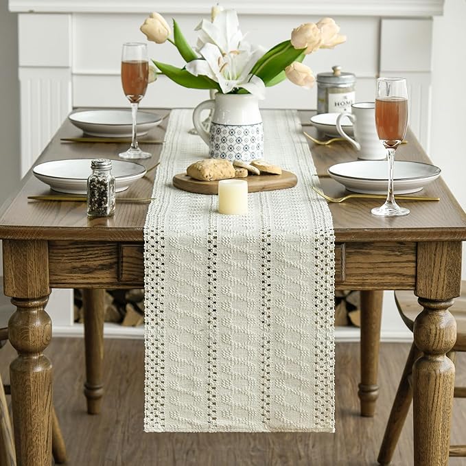 Artoid Mode Beige Farmhouse Woven Rustic Hollow Table Runner, Seasonal Holiday Hollow Kitchen Dining Table Decoration for Home Party Decor 12x108 Inch