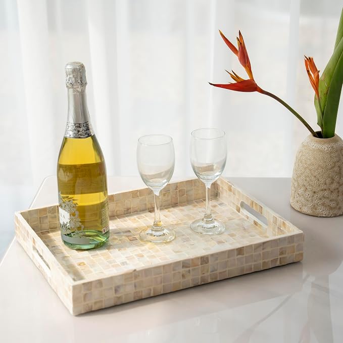 PEMAR Rectangular Mother of Pearl Serving Tray Nacre Wood Lap Ottoman Tray for Coffee Table, Luxury Decorative Handmade Eating Platters w Insert Handles (White Cream)