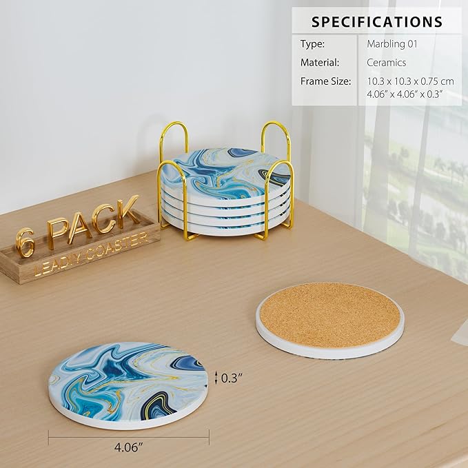 6Pcs/Set Marble Abstract Ceramic Coasters with Holder, Absorbent Drink Coasters, Coffee Cup Coaster,Round Ceramic Table Coasters Set Decorative