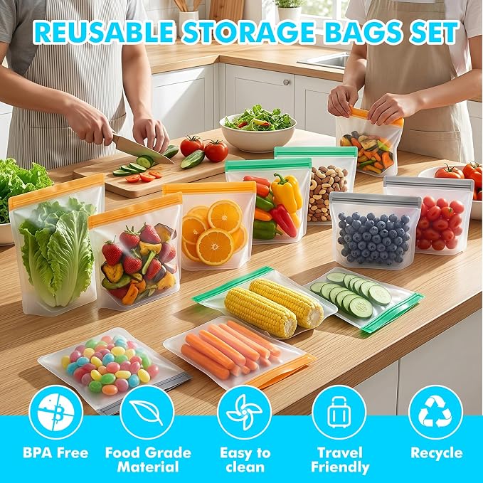 20 Pack Reusable Silicone Food Storage Bags, Reusable Snack Bags Freezer Bags Leakproof BPA Free Food Storage Contaizers, Gallon Sandwich Bag for Meal Prep Fruit Lunch Meat Veggies Blue