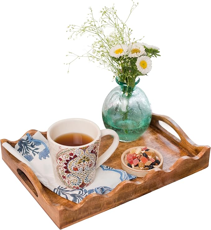 Mela Artisans 14” x 10” x 2.5” Mango Wood Serving Tray with Handles – Ottoman Scallop White Burnt – Medium Handcrafted Wooden Serving Board for Breakfast, Coffee & Home Décor