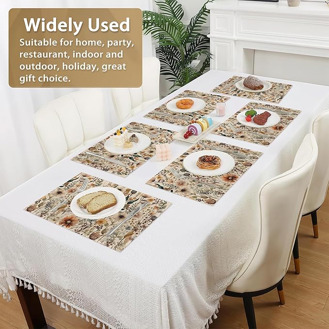 Boho Floral Watercolor Placemats Set of 6,12x18 Inch Table Mats forKitchen Table Washable Farmhouse Linen Table Mats Dining Decoration