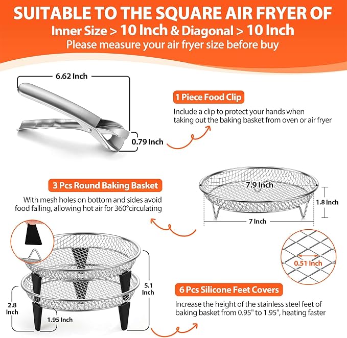 P&P CHEF 7.9 Inch Round Air Fryer Rack Basket Set, 3Pcs Stackable Stainless Steel Air Fryer Baskets Accessories for Roasting, With Anti-scalding Clip & Silicon Feet, Oven & Dishwasher Safe