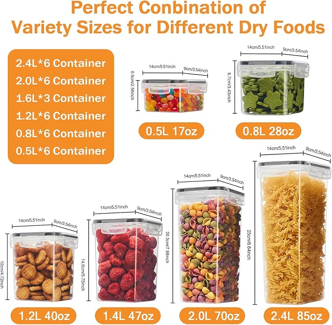 36 PCS Airtight Food Storage Containers with Lids, BPA Free Clear Plastic Kitchen and Pantry Organization and Storage Set for Flour, Sugar, Cereal, Pasta, Includes 36 Labels and Marker