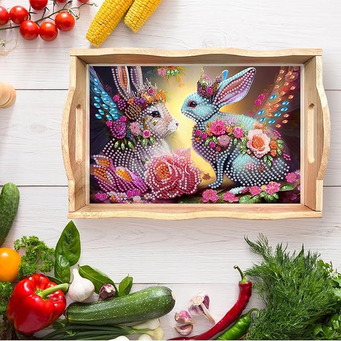 DIY Diamond Serving Tray Diamond Art Painting Creative Design Handmade Wooden Tray Dinner Plate for Coffee Breakfast Home Organizer-Rabbit