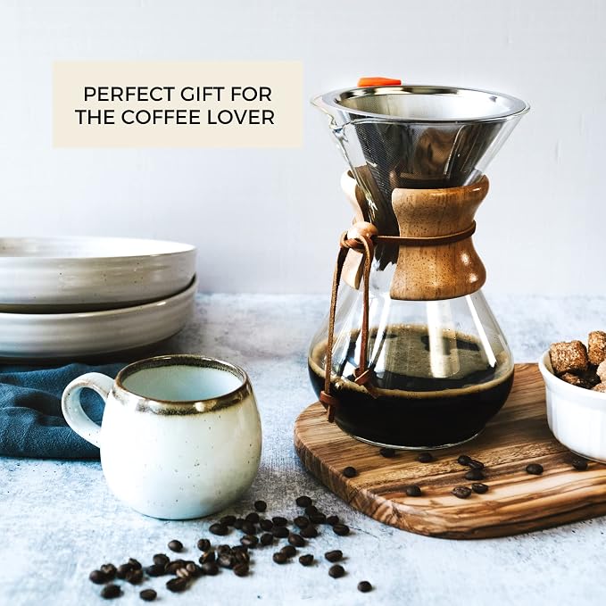 Reusable Coffee Filter for Pour Over Coffee Maker | Dual Layered Pour Over Mesh Filter with Glass Rest | Stainless Steel Coffee Filter & Glass Measuring Cup