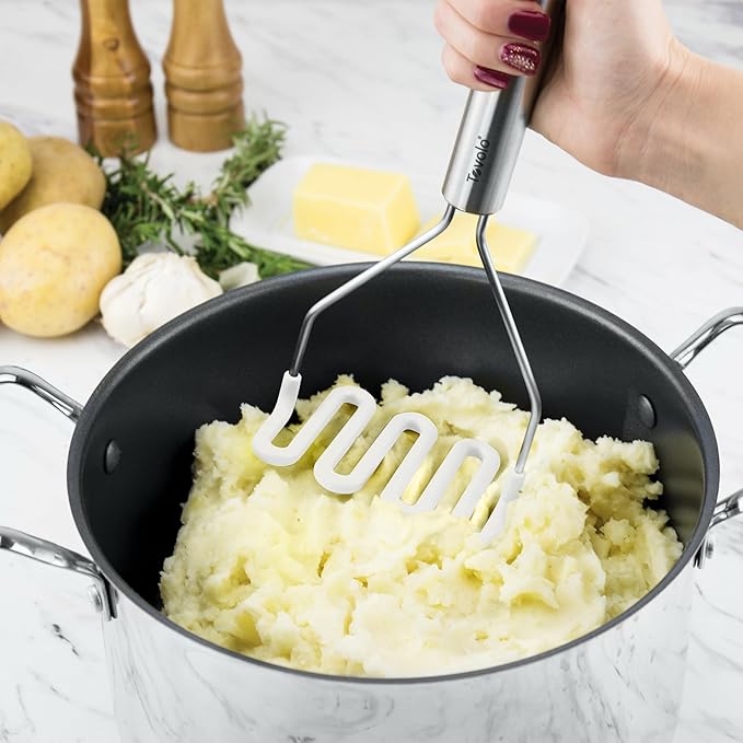 Tovolo Silicone Cooking Utensil Set of 6 Stainless Steel Handle Ladle Slotted Turner Tongs Flex Core Spatula Scraper Mixing Spoon & Potato Masher, Dishwasher Safe BPA Free Utensils, White