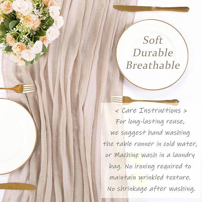 Sand Cheesecloth Table Runner 10ft Boho Gauze Sheer Table Runner for Bridal Wedding 35x120 Inches Rustic Cheese Cloth for Baby Shower Valentines Party Decorations