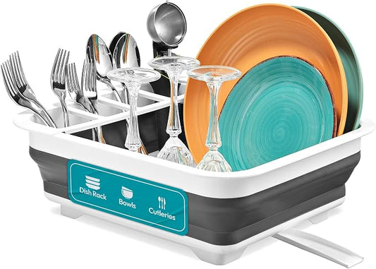 Masirs Pop-Up Collapsible Dish Drying Rack - Convenient Storage - Drains into Sink - Eight Large Plate Capacity - Sectional Cutlery and Utensil Compartment - Compact & Portable Design (12 x 14.4 Inch)