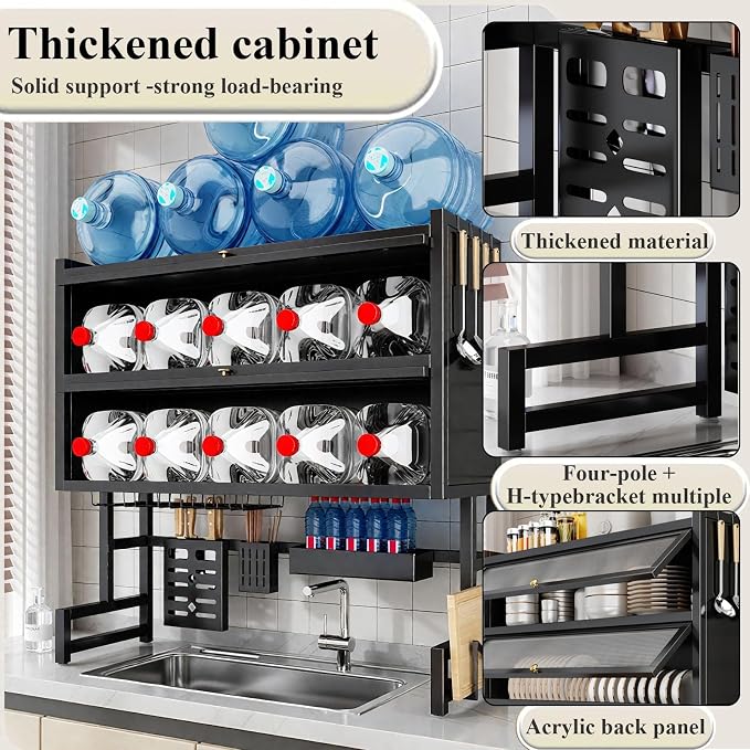 Over The Sink Dish Drying Rack Space-Saving 3 Tier with Cover Dish Rack with Dustproof Cover and Knife Holder Large Capacity Kitchen Organizer for Plates, Bowls, and Pots(Black,75cm)