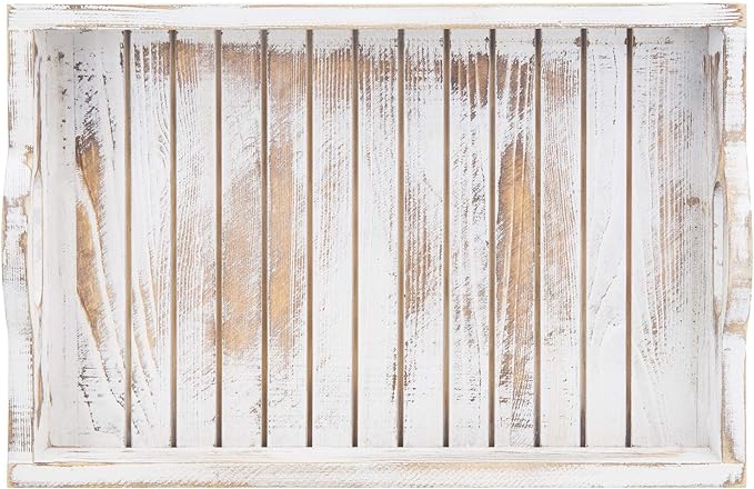 MyGift Shabby Chic Whitewashed Wood Breakfast Serving Tray with Cutout Handles with Slatted Design, Breakfast Ottoman Coffee Table Tray, 16 x 11 Inches