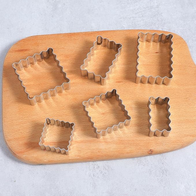 Rectangle Cookie Cutter Set with Scalloped Edge Assorted Sizes, 6 PCS Stainless Steel Square Cookie Cutter with Fluted Edge, Geometric Frame Plaque Cookies Cutters Shapes Molds