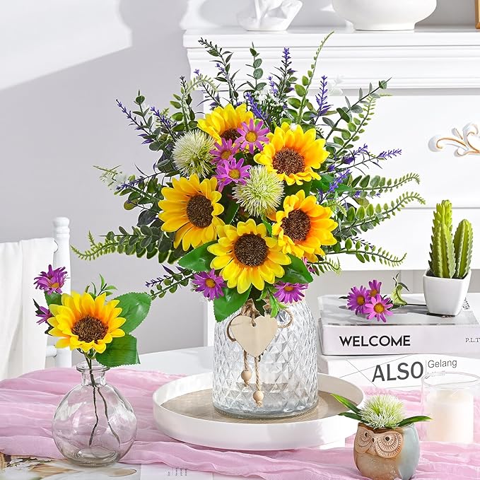 MARTINE MALL Fake Flowers in Vase, Sunflowers Artificial Flowers, Faux Flowers in Vase Centerpiece Table Decorations Silk Sunflower Bouquet Table Centerpieces for Dining Room Coffee Table Decor