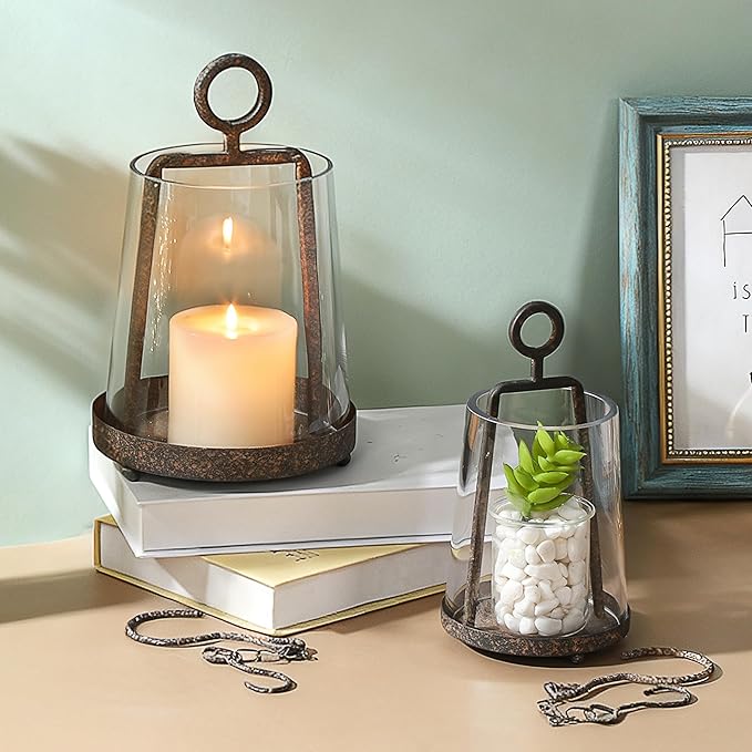 6" & 4" Wide Modern Farmhouse Metal Hurricane Candle Holder with Handmade Sturdy Glass Sleeve in Rustic Brown for Pillar Candle & Plants, Glass Hurricane Lantern, Industrial, Minimalistic