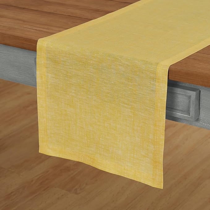 Solino Home Linen Table Runner 144 Inches Long - Athena, 100% Pure Linen Chambray Lemon Yellow Table Runner 14 x 144 Inch for Dining, Spring, Summer