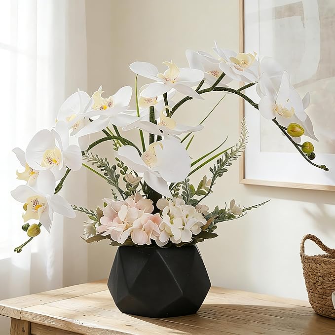 LESING Artificial Potted Orchid Flower for Table Centerpieces,Real Touch White Fake Orchid Flowers in Vase for Home Decoration (Style 2,Black Vase)