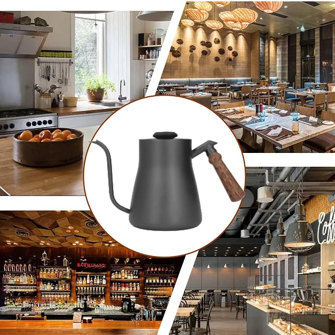 Pour over Coffee Kettle with Thermometer, 850ml Goose Neck Kettle Pot Induction Kettle Stovetop Stainless Steel Gooseneck Kettle with Wood Handle