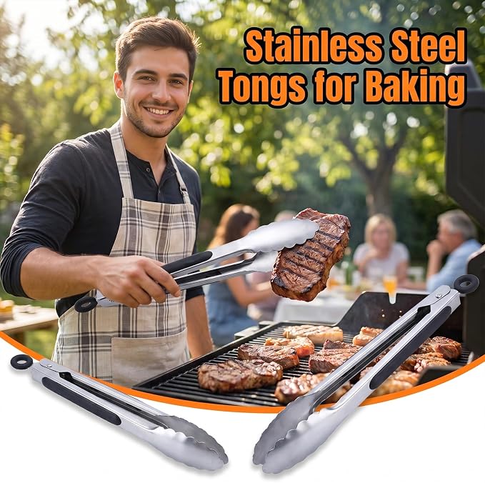 9 Pieces Stainless Steel Tongs, Kitchen Food Tongs 7 9 12 Inch | Heavy Duty Locking Tongs, Heat-Resistant Non-Slip Durable Metal Tongs for BBQ Cooking Grilling Outdoor Serving