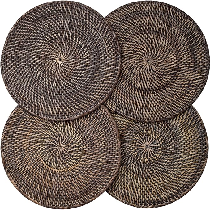 4-Pack Rattan Placemats - 13-inch Round Placemats (Blackwash) - Woven Place Mats, Round Table Mats - Wicker Chargers for Dinner Plates, Plate Chargers Boho