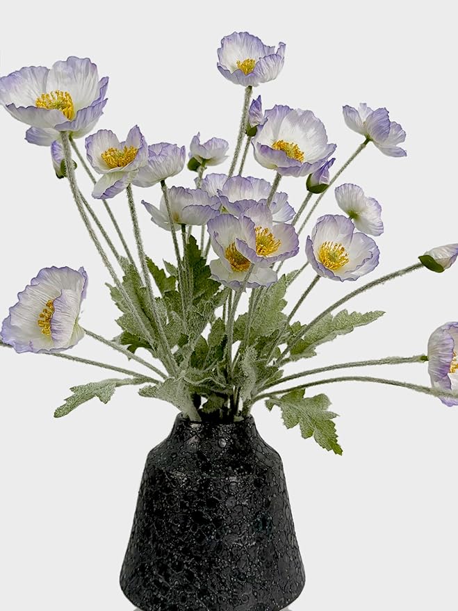 Set of 6 Poppies Flowers Artificial Silk Flowers with Long Stems Faux Wildflowers Bouquet for Vases Oil Pastel Style for Wedding Party Indoor Home Office Decor (Light Purple Blue)