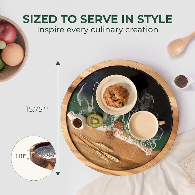 Acacia Wood Serving Tray with Ocean Resin Art, 15.8" x 15.8" Handcrafted Charcuterie Cheese Board for Kitchen Meal Prep, Includes Stand & Loofah, Housewarming Christmas Gift & Decor (Round)