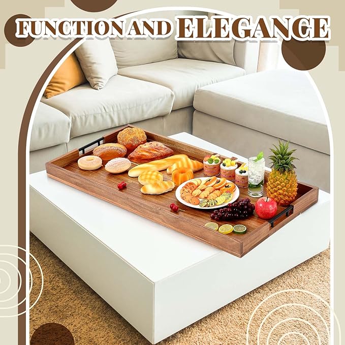 Blushtier 40 x 20 Inch Wood Serving Tray Extra Large Ottoman Tray with Handle Oversized Rectangle Extra Long Vintage Decorative Platters for Kitchen Food Beverage Fruit Snack Tea Coffee Table Decor