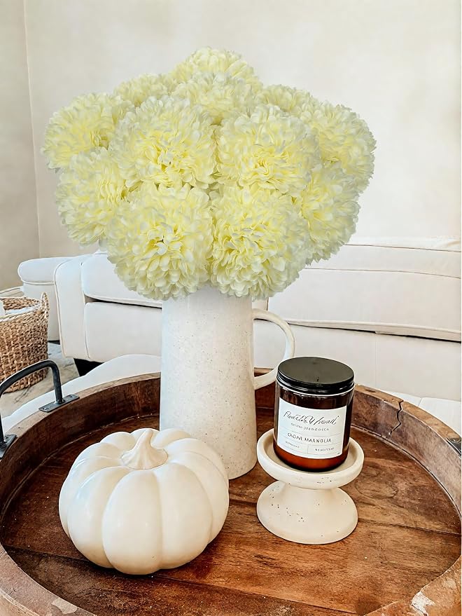Briful 12 Pcs Artificial Cream White Chrysanthemum Stems – 11” Tall Silk Mums Flower Heads with Green Leaves, Flexible Stems for Fall Floral Pick Arrangements, Home, Wedding & Seasonal Decorations