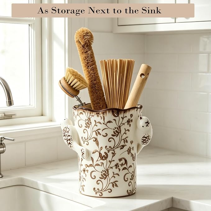 6.34"H Utensil Holder for Kitchen Counter, Modern Farmhouse Cooking Utensil Holder and Crock Home Kitchen Decor, Ceramic Utensil Organizer for Spatula, Ladle, Eggbeater- Brown Flower Patterns
