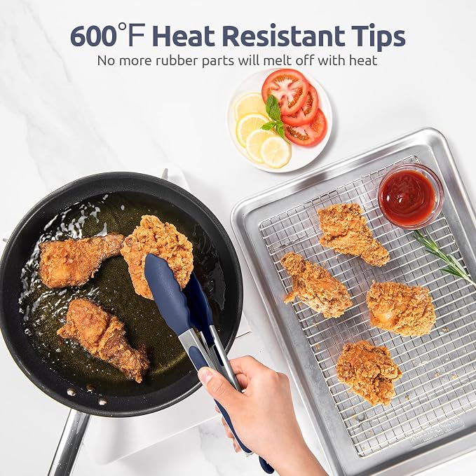 600ºF Heat Resistant Kitchen Tongs: U-Taste 9 in Silicone Cooking Tong with Firm Sealed Non Stick Rubber Tips & Silicon Coated 18/8 Stainless Steel Handle & Smooth Lock for Serving Grill-Midnight Blue
