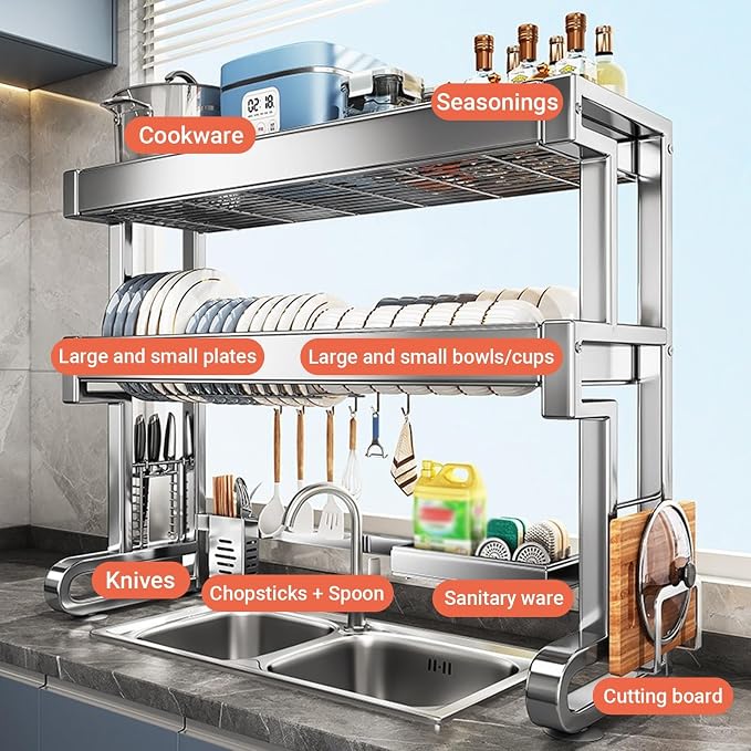 Over The Sink Dish Drying Rack, 304 Stainless Steel 2 Tier Racks, Multifunctional Kitchen Storage Organizers, for Dishes, Glasses, Bowls & Cutlery(76cm/29.9in)