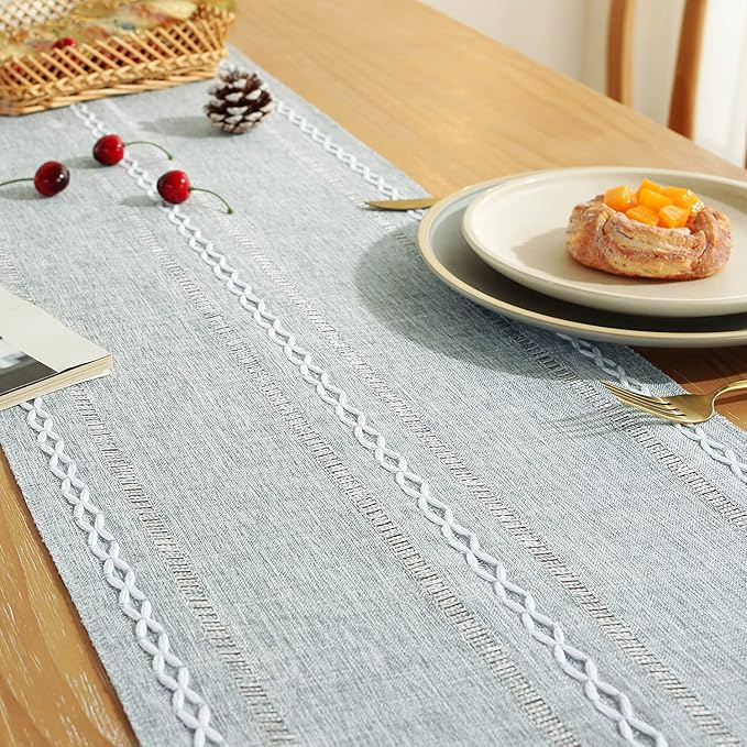 Rustic Farmhouse Style Linen Table Runner, Boho Handmade Tassel Hemstitched Embroidery Table Runners 72 Inches Long for Holiday Party, Dresser and Dining Decorations, 13 x 72 inch - Light Grey