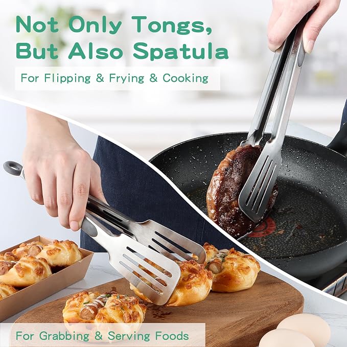 Metal Tongs for Cooking, Set of 2 Stainless Steel Spatula Tongs for Grilling, Cooking and Flipping, Strong Grip for Ribs, Steak and Fish, Comfortable Grip, Pull Lock, 9 inch & 12 inch, Gray