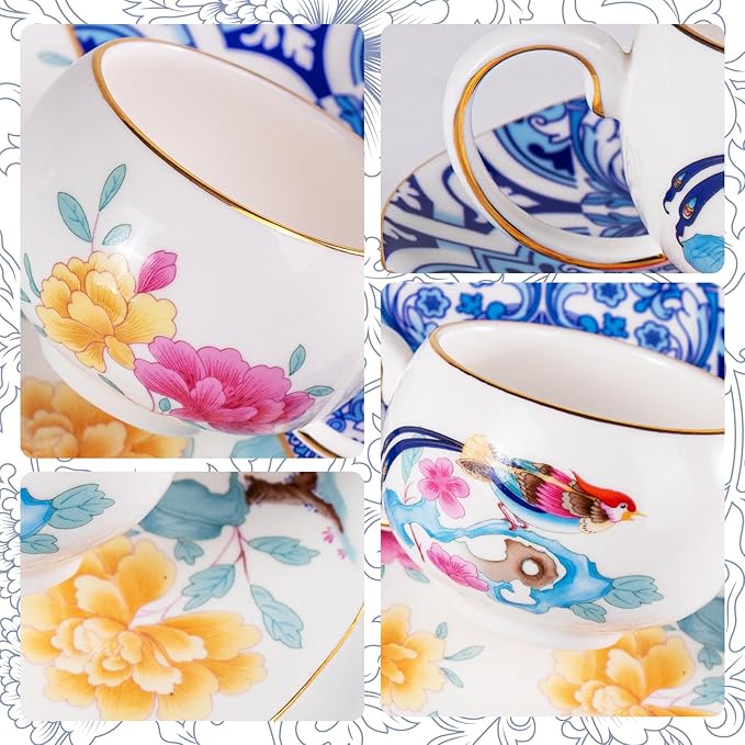 KAMMAK Tea Cups and Saucers Set of 2, Fine Bone China Coffee Cups, Stackable Espresso Mugs, Ceramic Demitasse for Coffee, Cappuccino, Latte, Americano, Tea, Blueprint of Prosperity (Medium)