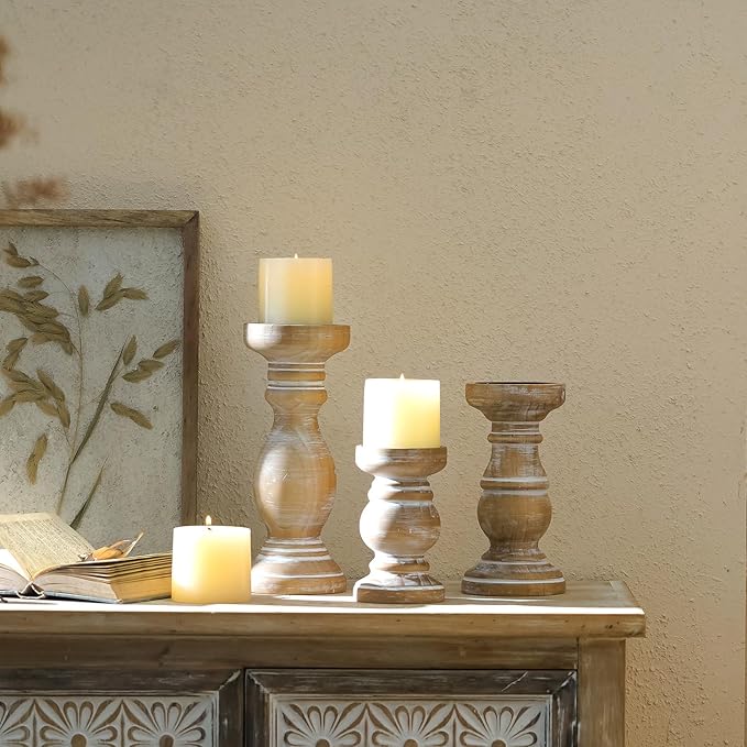 NIKKY HOME Rustic Pillar Candle Holder Set of 3 - Farmhouse Wooden Candlestick Stand for Mantle, Fireplace, Living Room, Brown