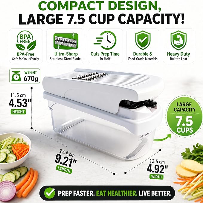 12-in-1 Vegetable Chopper with Container – Mandoline Slicer, Onion Chopper, Food Chopper, Cheese Grater & French Fry Cutter – Multifunctional Kitchen Gadget with 8 Blades, Egg Separator & Peeler