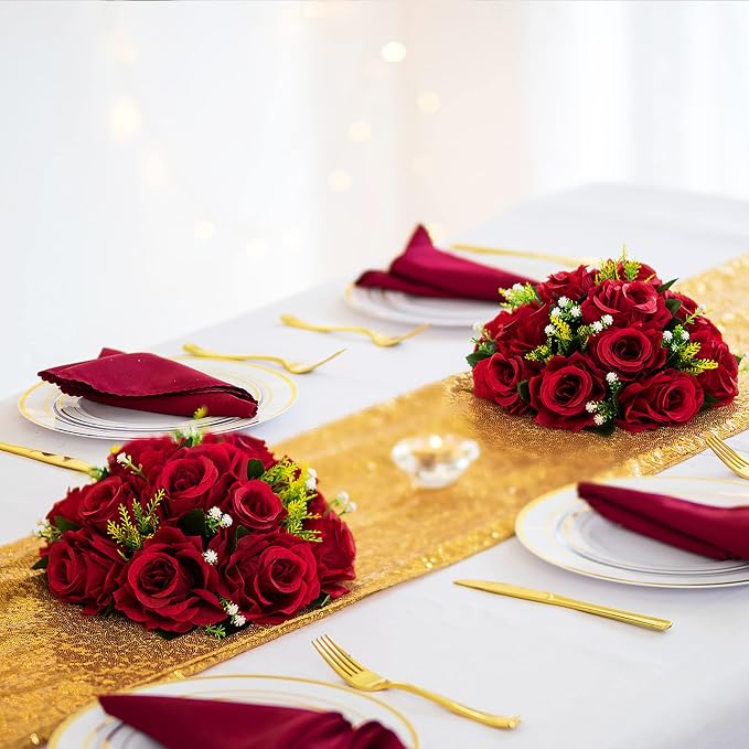 BLOSMON Flower Balls Wedding Rose Centerpieces: 6 Pcs Crimson Fake Flowers Kissing Balls Decor Artificial Floral Arrangements Flower Bouquet of Roses Home Party Table DIY Decorations